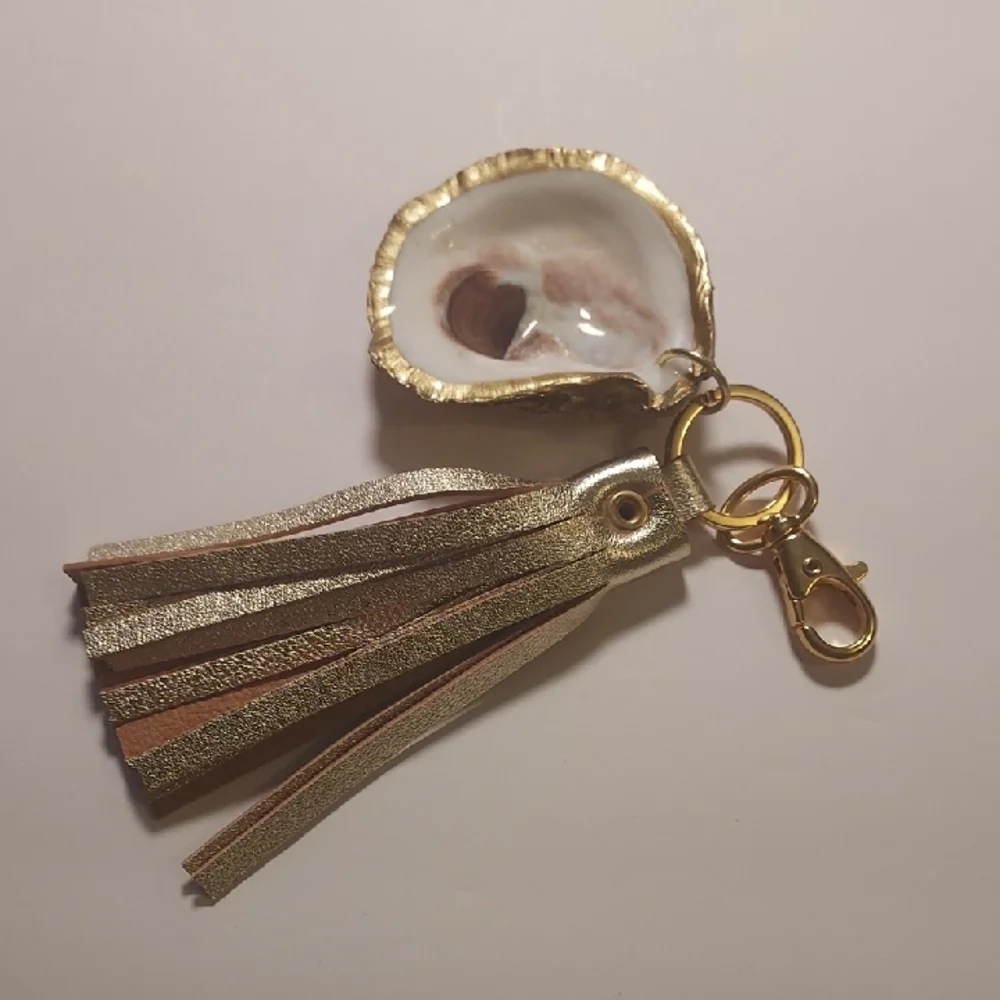 Oyster Shell Keychain Purse Charm With Leather Tassel Gold and White Coastal